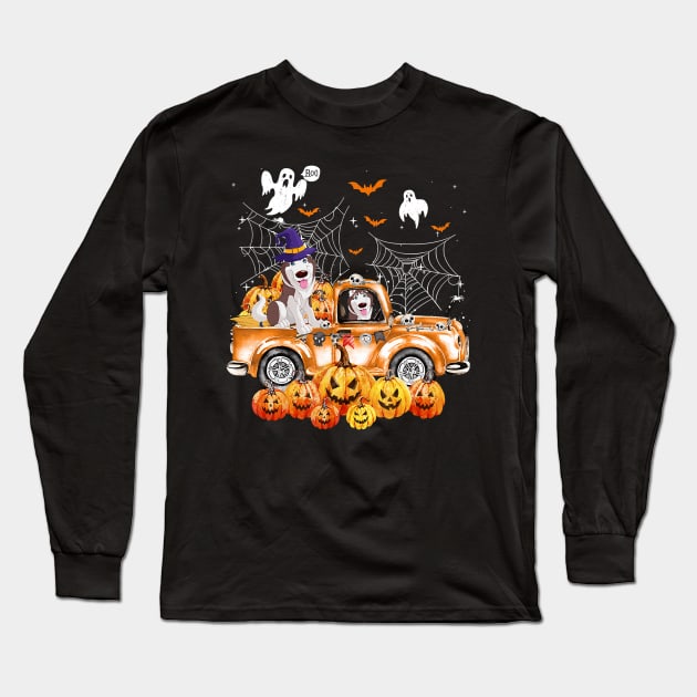 Husky Dog On Pumpkins Truck Autumn Halloween Long Sleeve T-Shirt by JaydeMargulies